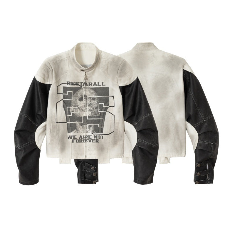 Unisex Short Cut Boxy Biker Jacket in Vintage Leather Look with Graphic Skull Print and Stand-up Collar Chichicherry