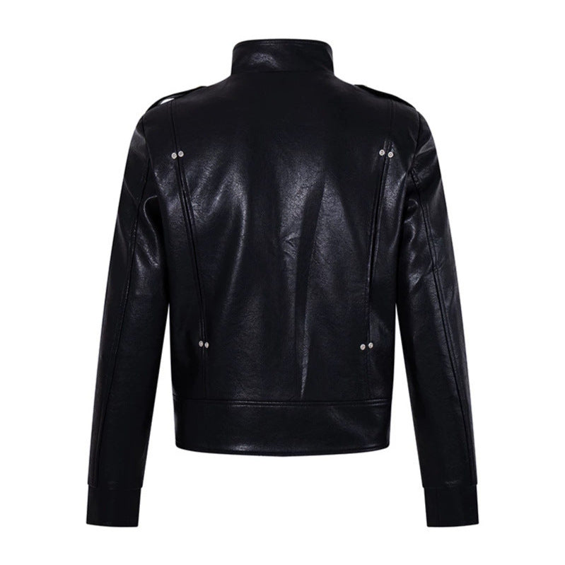 Men's military-inspired faux leather jacket with stand-up collar, decorative button row and shoulder pads Chichicherry