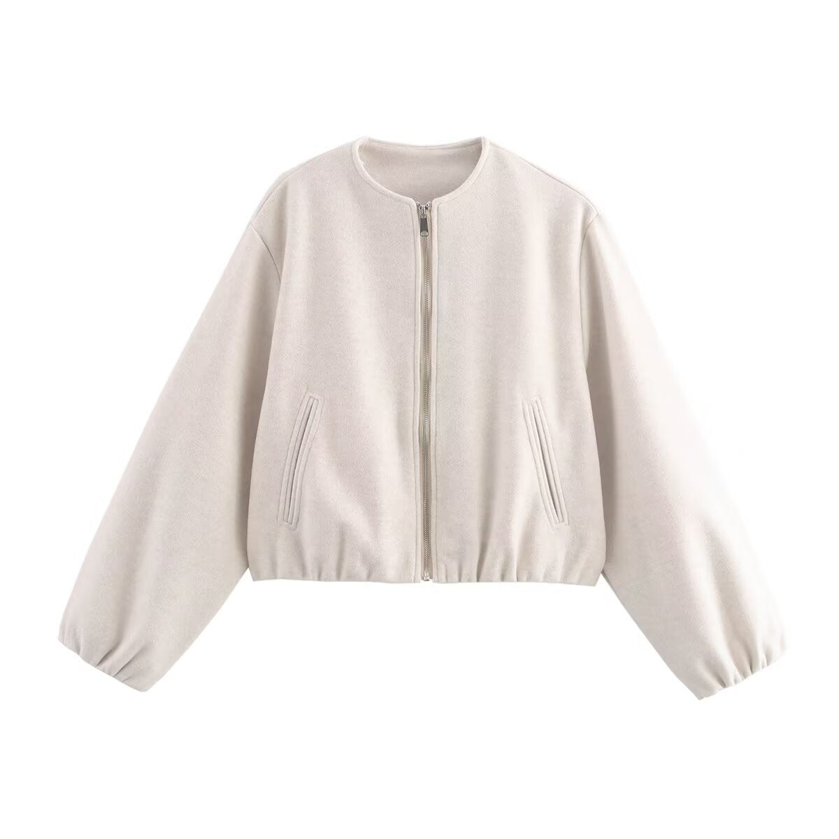 Women Short Wool Look Cropped Jacket with Zipper, Round Neck and Balloon Sleeves Chichicherry