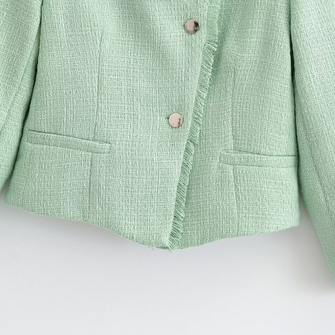 Women Cropped Boucle Blazer with Fringe Hem, Stand-up Collar and Piped Pockets Chichicherry