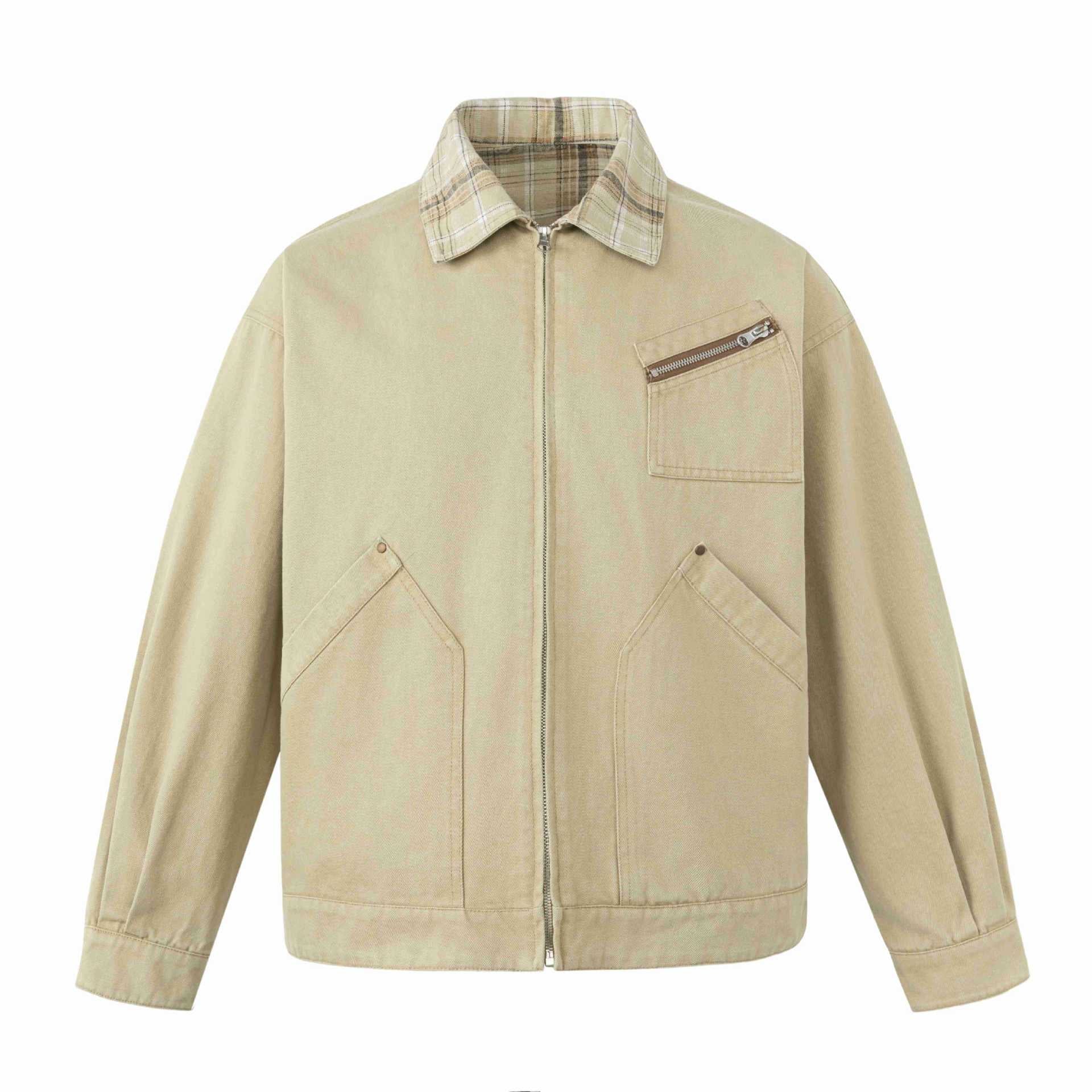 Men's short-cut canvas workwear blouson with check collar and zip chest pocket Chichicherry