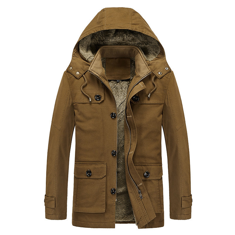 Men's Windproof Canvas Parka with Teddy Fleece Lining, Hood, and Multi-Function Pockets Chichicherry