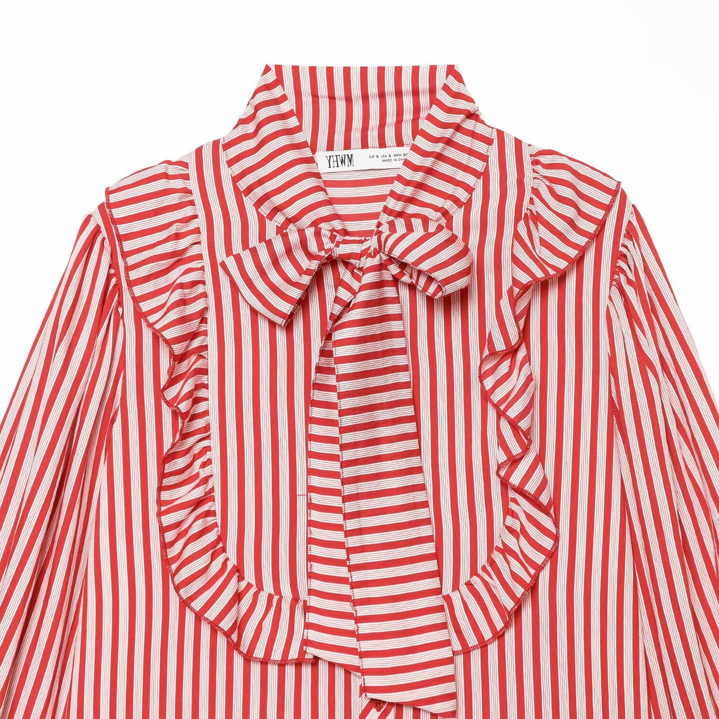 Women Striped Blouse with Ruffle Yoke and Bow Collar Chichicherry