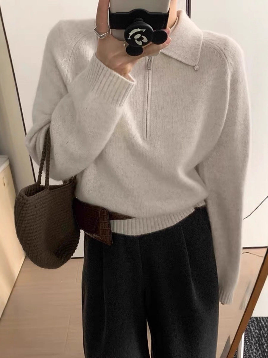 Women short zip polo sweater made of fluffy wool blend with boxy silhouette Chichicherry