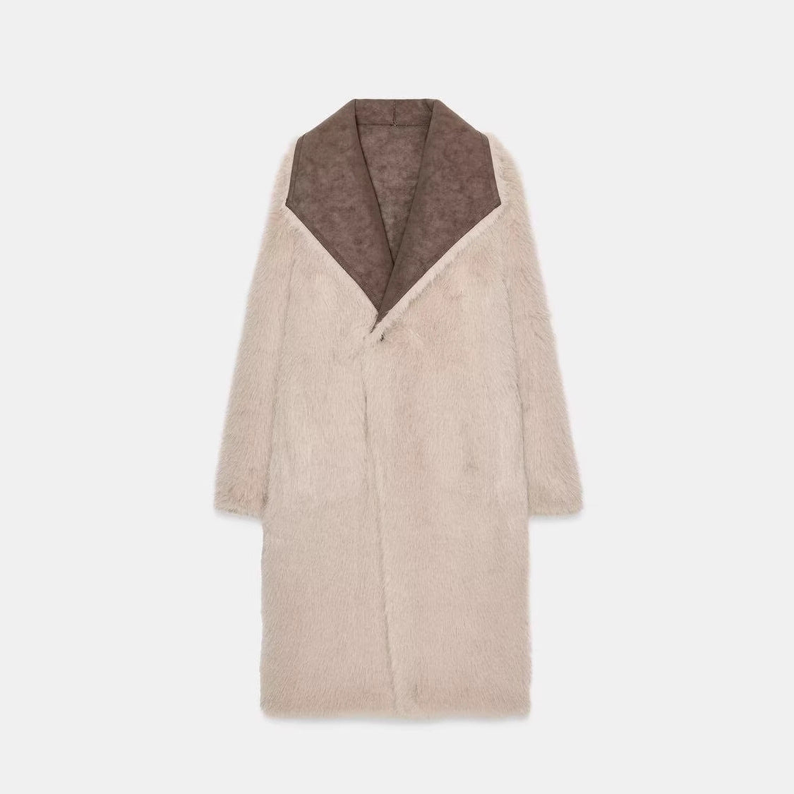 Women's Long Faux Fur Shearling Coat with Oversized Shawl Collar and Patch Pockets Chichicherry