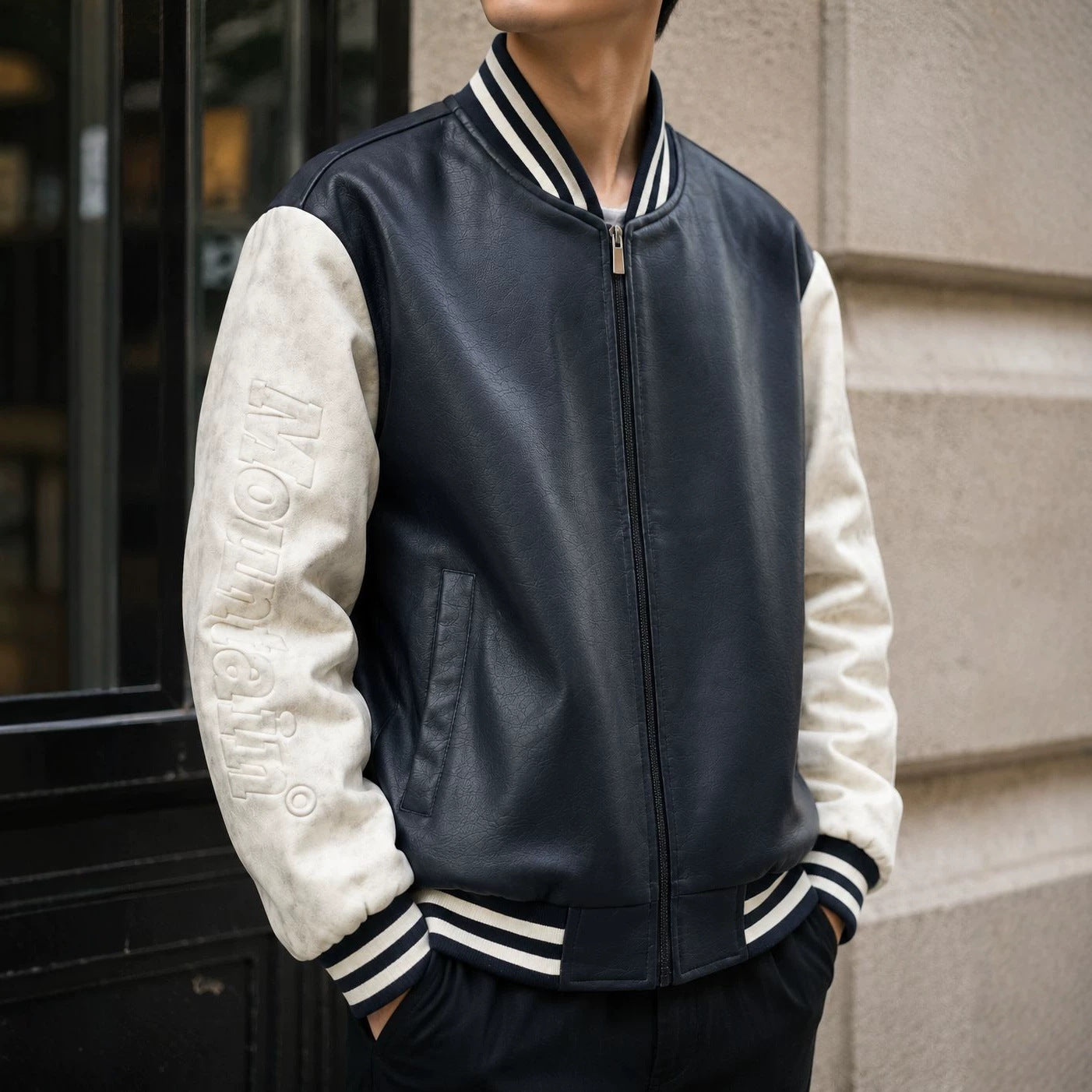 Men's varsity bomber jacket in college style with faux leather body and contrasting suede sleeves Chichicherry