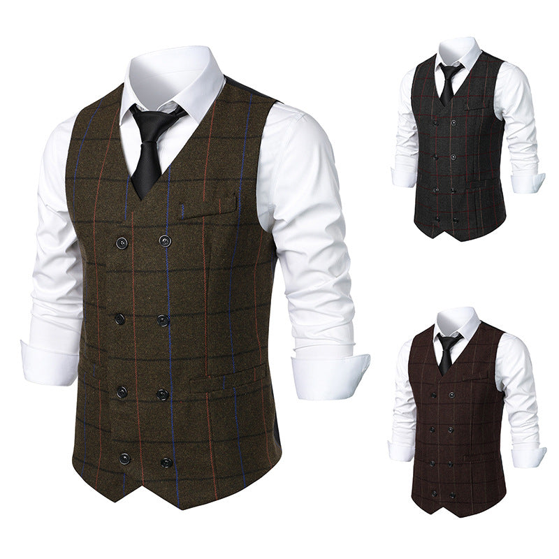 Men's Double-breasted Suit Vest with Window Pane and Herringbone Structure Chichicherry