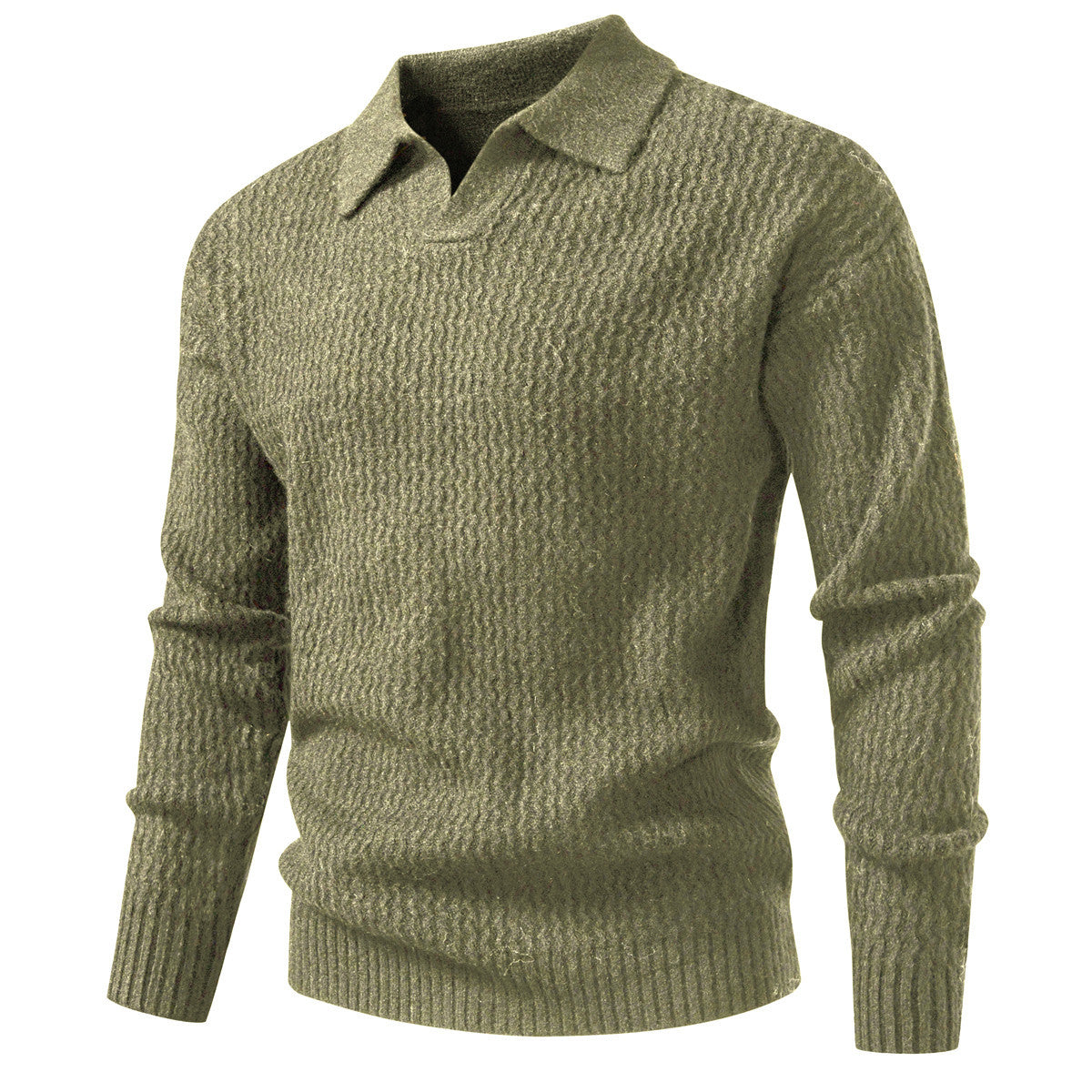 Men's polo collar fine knit sweater with textured wave design and ribbed hem Chichicherry