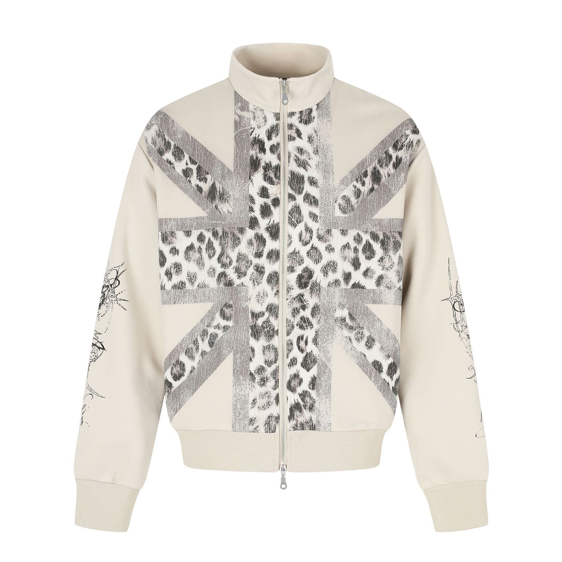 Women's Oversized Sweat Jacket with Stand-up Collar and Leopard Print Chichicherry