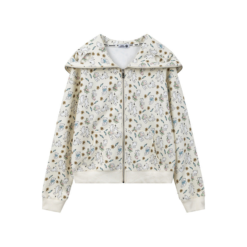 Women’s Hooded Sweat Jacket with Zipper and Cute All-Over Print Chichicherry