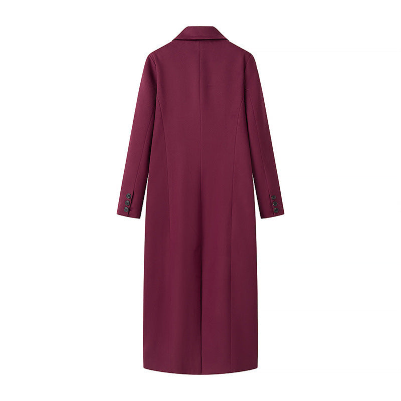 Women's Extra Long Wool Blend Coat with Double-Breasted Button Placket, Notched Lapel and Flap Pockets Chichicherry