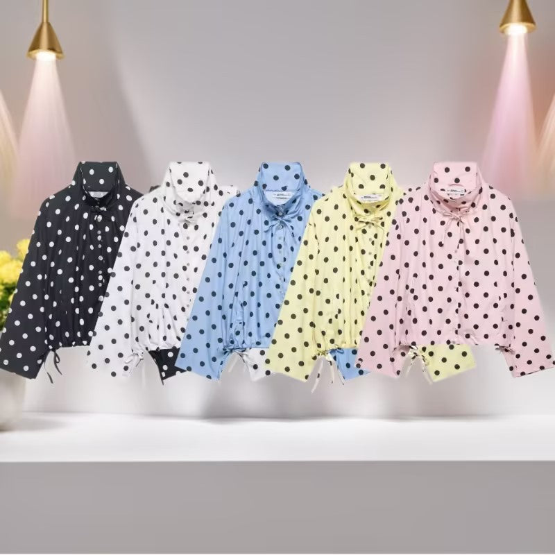 Women's Lightweight Polka Dot Windbreaker with Stand Collar, Drawstring and Button Placket Chichicherry
