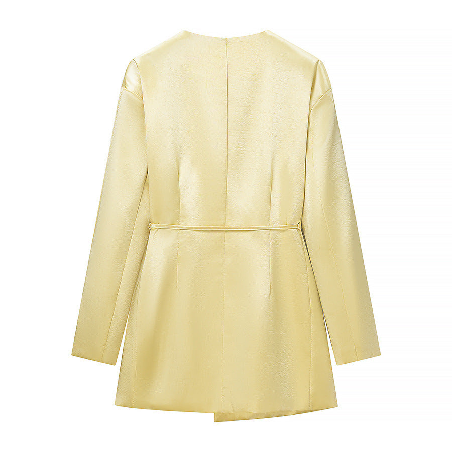 Ladies Two-Piece Satin Ensemble with Wrap Blazer and Wide Pleated Trousers Chichicherry