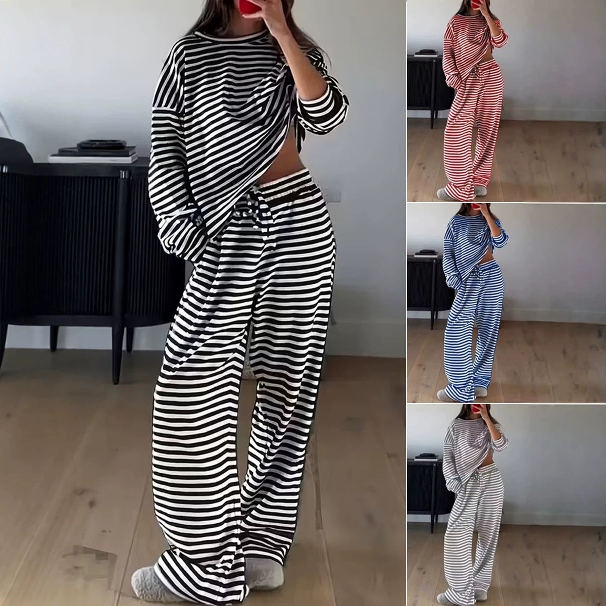 Women's Striped Loungewear Set with Oversized Sweatshirt and Elasticated Drawstring Pants Chichicherry