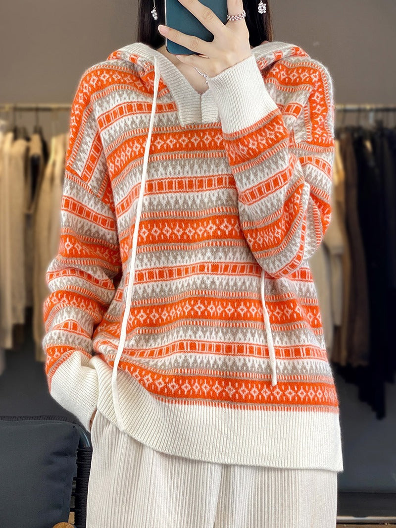 Women's Oversize Jacquard Knit Hoodie with V-Slit and Ribbed Cuffs Chichicherry