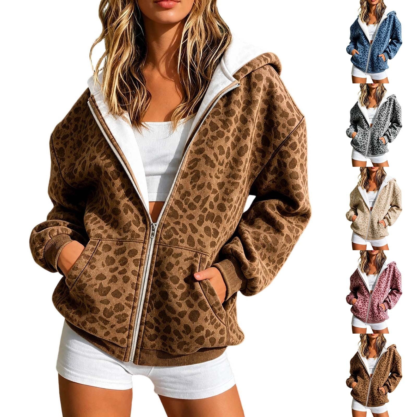 Women's Lightweight Padded Hooded Zip Jacket in Animal Print with Kangaroo Pockets Chichicherry