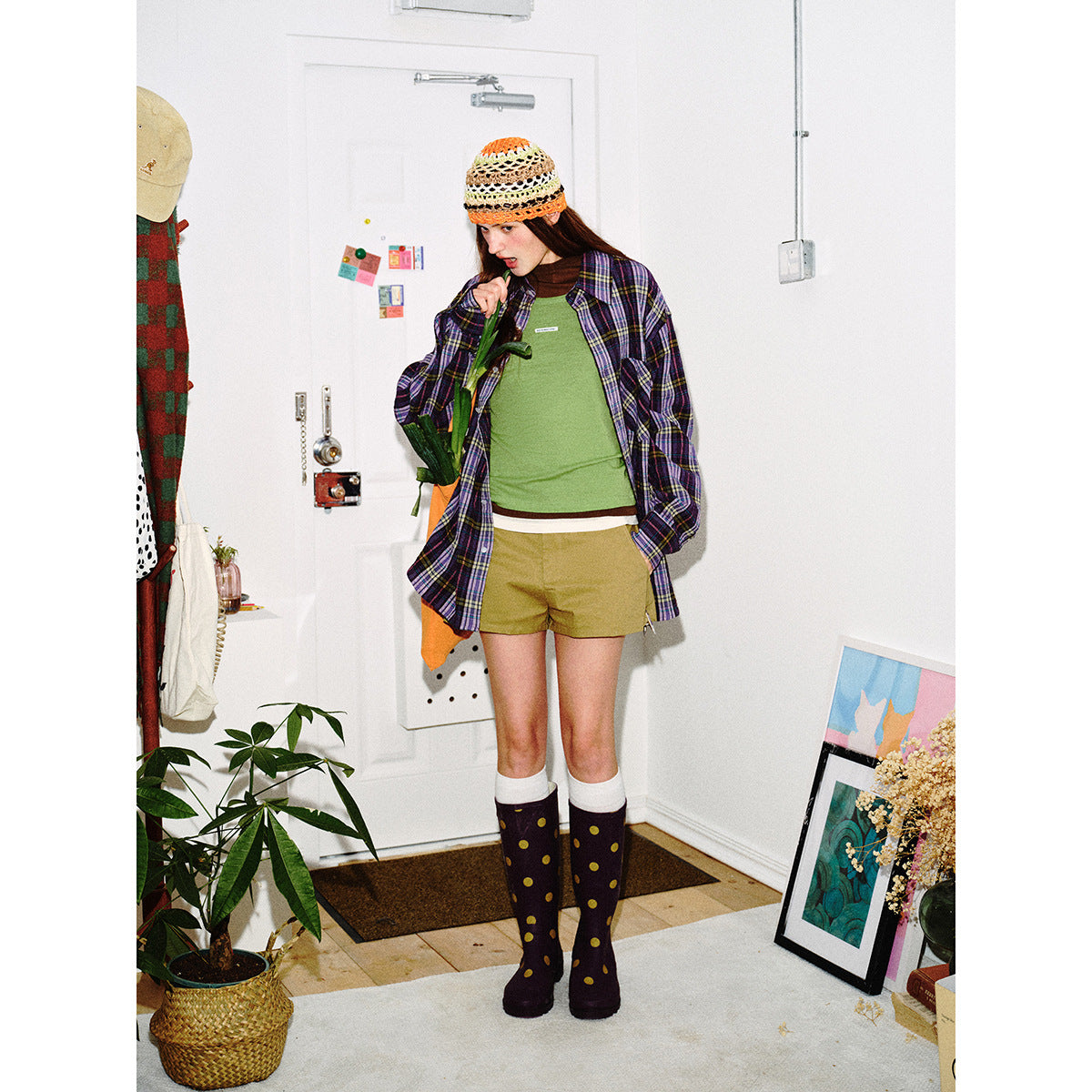 Unisex Loose Oversize Check Shirt in Vintage Look with Slanted Chest Pocket and Straight Hem Chichicherry