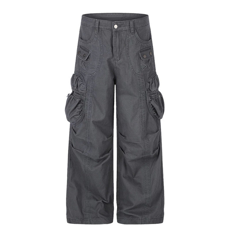 Women's wide utility cargo pants with gathered side pockets and decorative seams Chichicherry