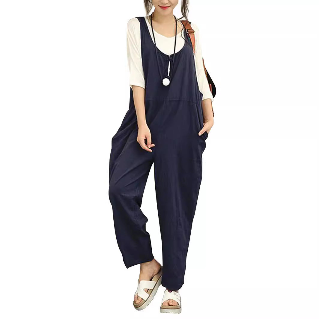 Women Casual Harem Jumpsuit made of Linen with Adjustable Straps and Side Pockets Chichicherry
