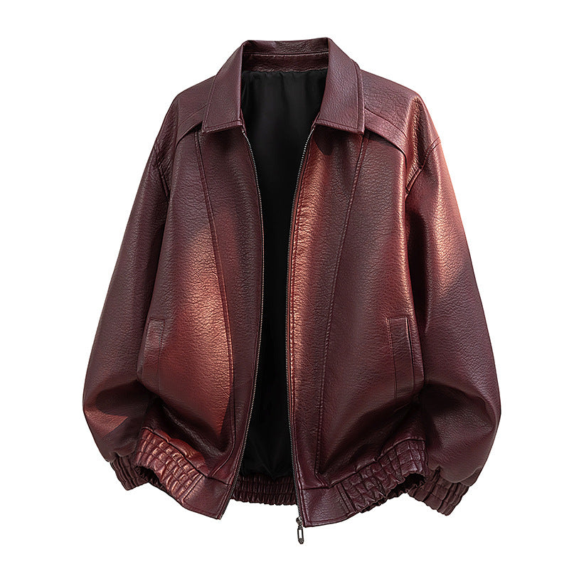 Men's leather bomber jacket in oversized style with elastic hem and zipper Chichicherry