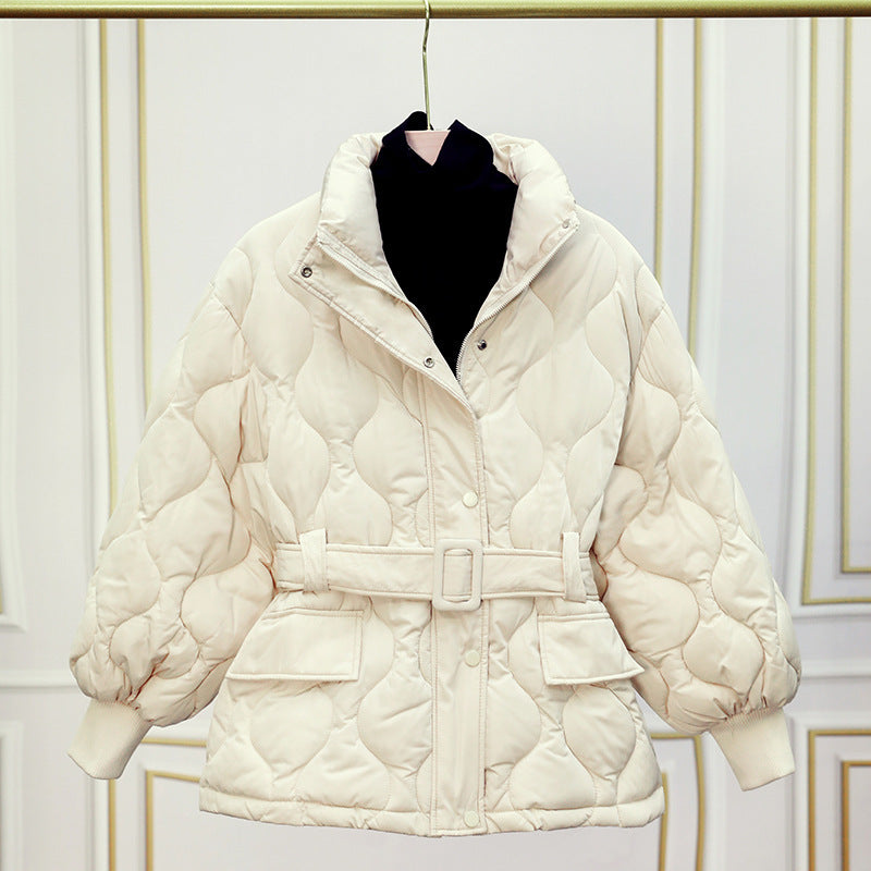 Women's quilted tailored quilted jacket with wrap belt, stand-up collar, and flap pockets Chichicherry