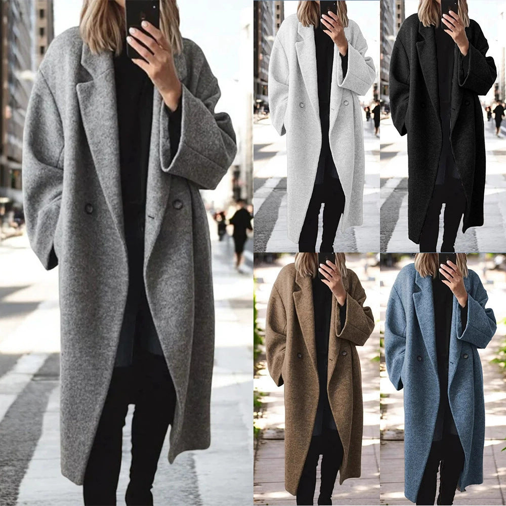 Women's Oversize Long Coat made of Wool Blend with Drop Shoulder and Minimalist Button Placket Chichicherry