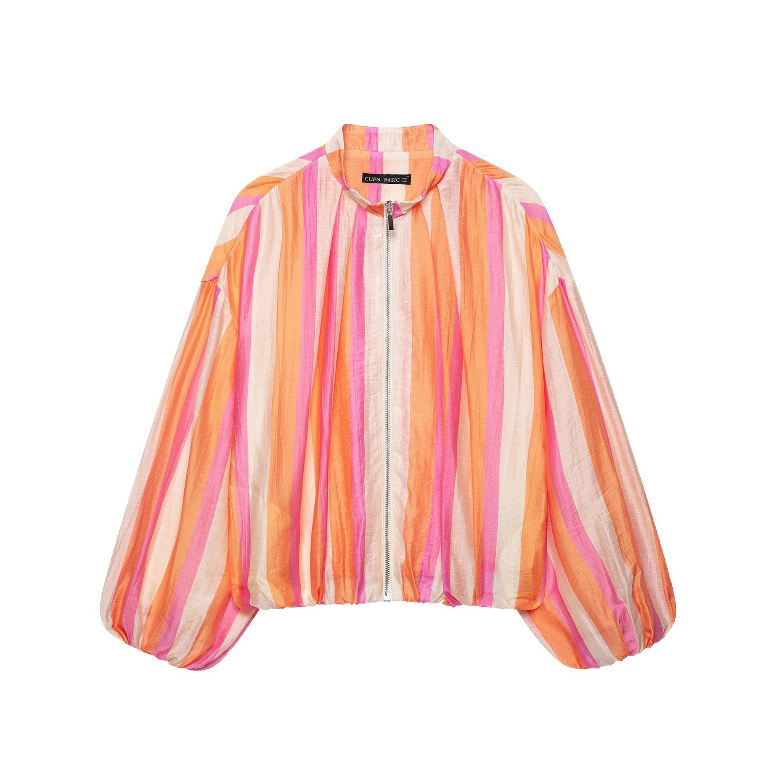Women's Lightweight Striped Cropped Bomber Jacket made of Transparent Crêpe with Balloon Sleeves Chichicherry