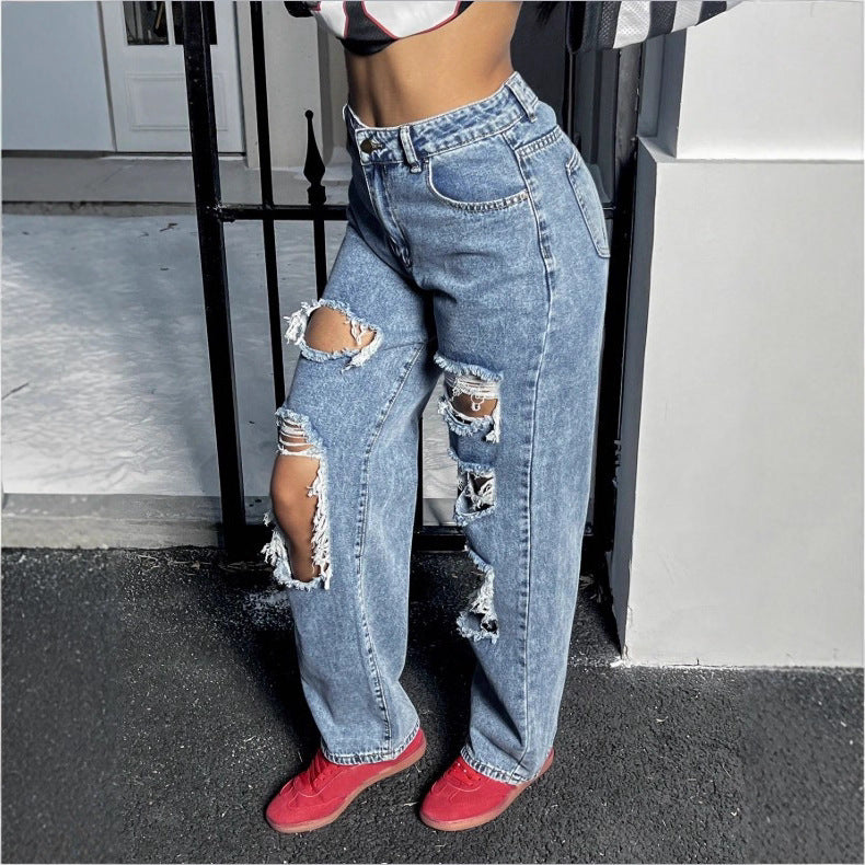 Womens High-Waisted Destroyed Baggy Jeans with Wide Leg and Knee Rips Chichicherry