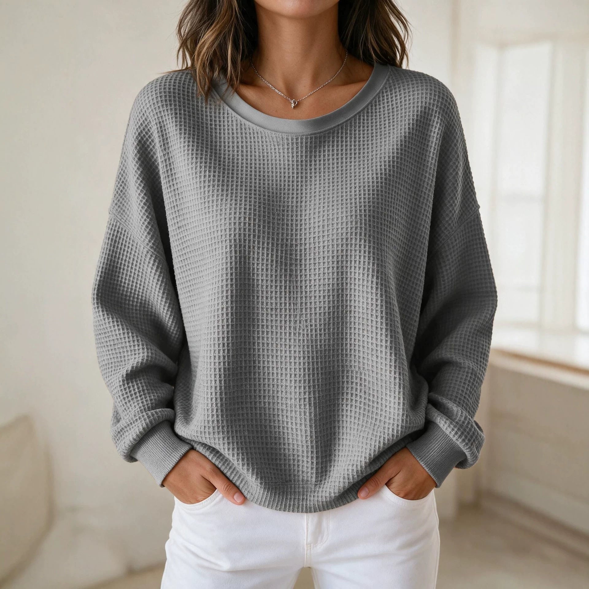 Damen Oversize Waffelstrick-Sweatshirt mit Rundhalsausschnitt Chichicherry