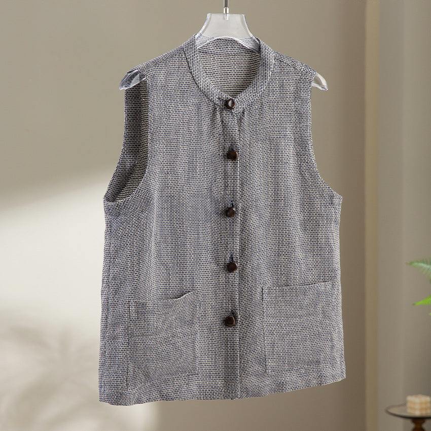 Women Sleeveless Textured Knit Vest with Round Neckline, Button Placket and Patch Pockets Chichicherry