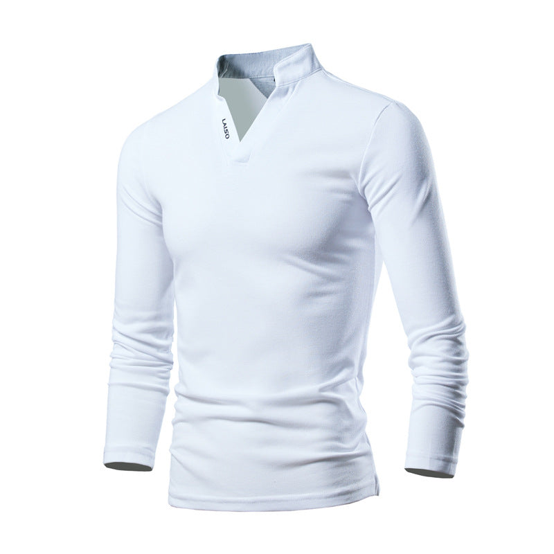 Men's Slim-Fit Long Sleeve Shirt with Stand Collar, Open V-Neck and Functional Stretch Material Chichicherry