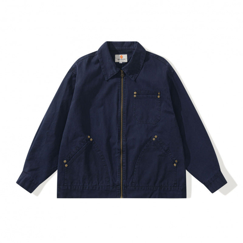 Unisex Boxy Canvas Worker Jacket with Front Zip and Stud Applications Chichicherry