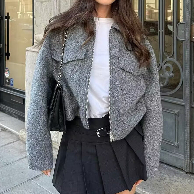 Women's Short Cut Sherpa Jacket with Zip and Flap Pockets Chichicherry