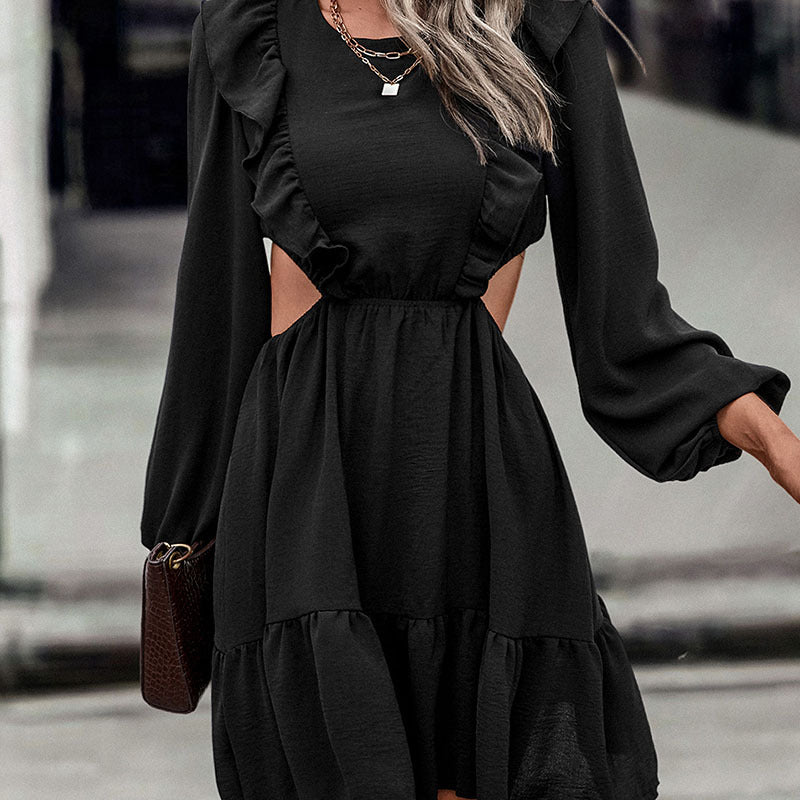 Women's short dress with cut-outs, ruffle detail & balloon sleeves Chichicherry