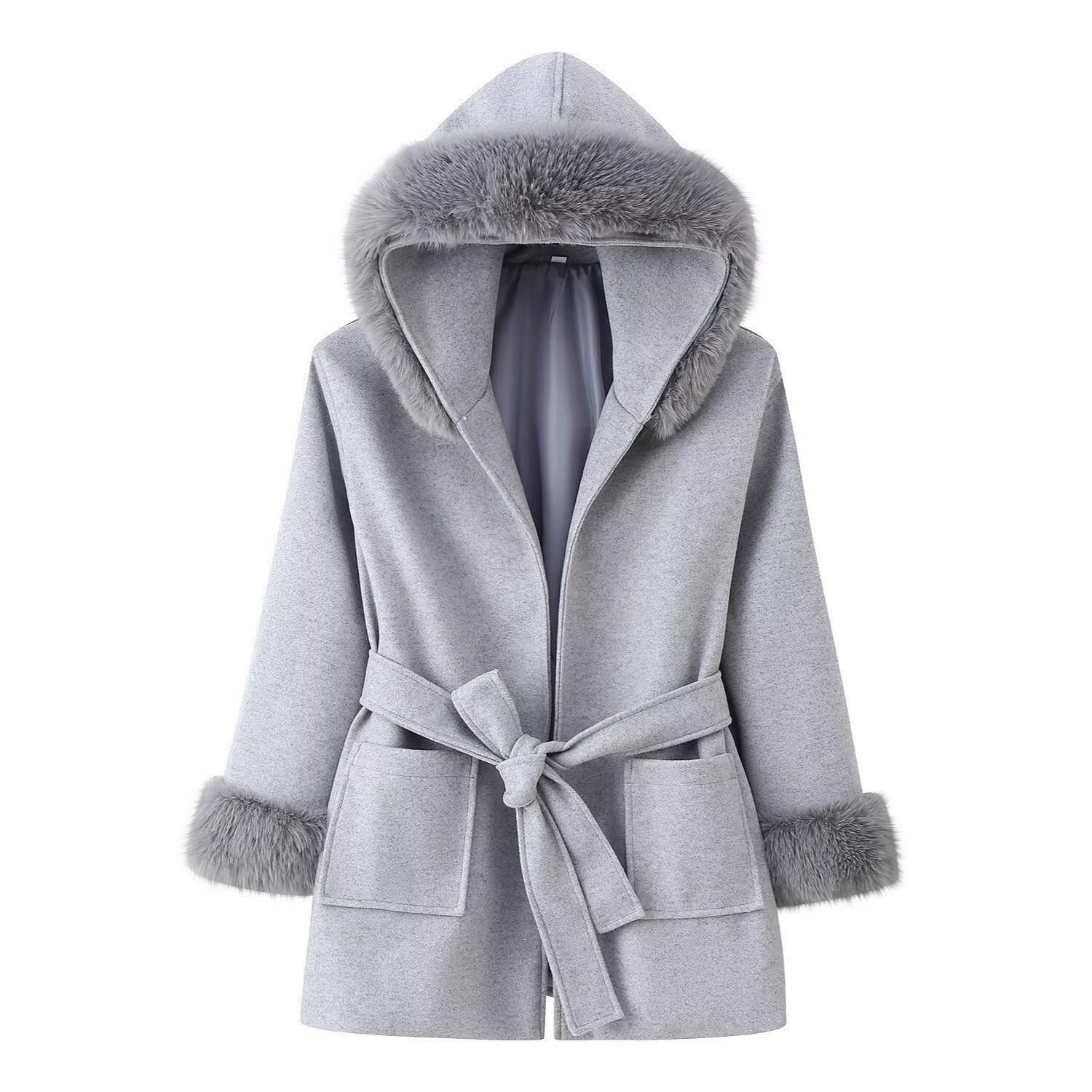 Women's Hooded Wool Blend Coat with Tie Belt and Faux Fur Trim Chichicherry