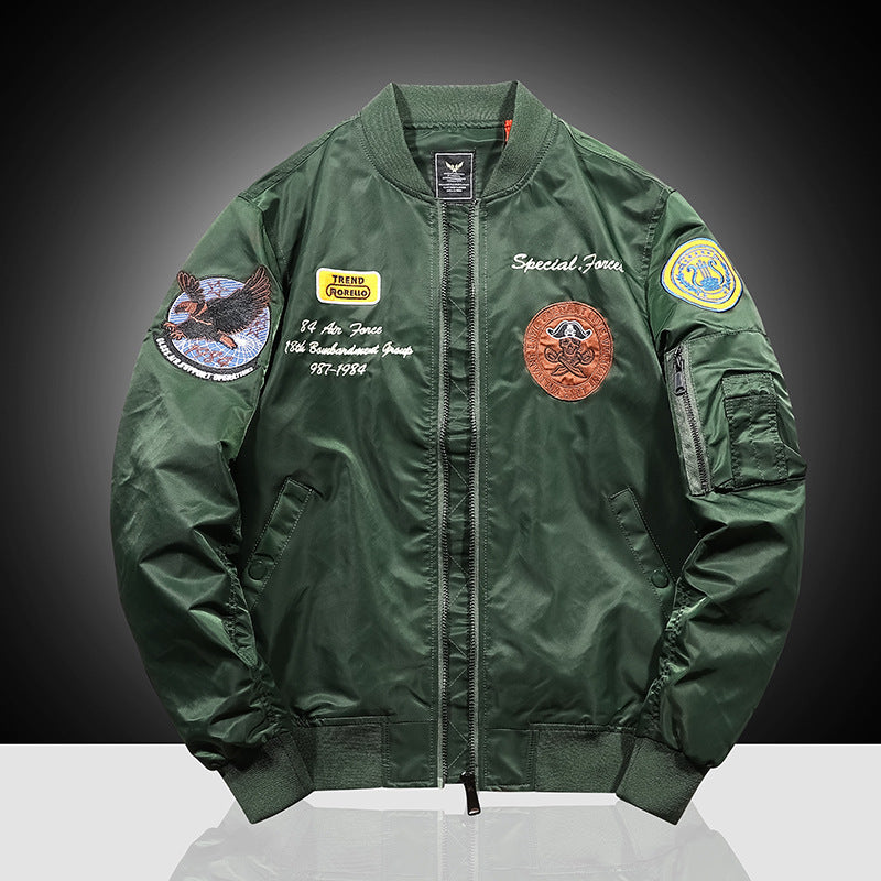 Men's bomber-style pilot jacket with brand patches, arm pocket and windproof outer shell Chichicherry