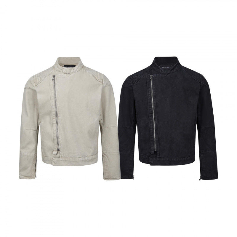 Men's Asymmetric Short Jacket in Biker Style with Stand-up Collar and Diagonal Metal Zipper Chichicherry