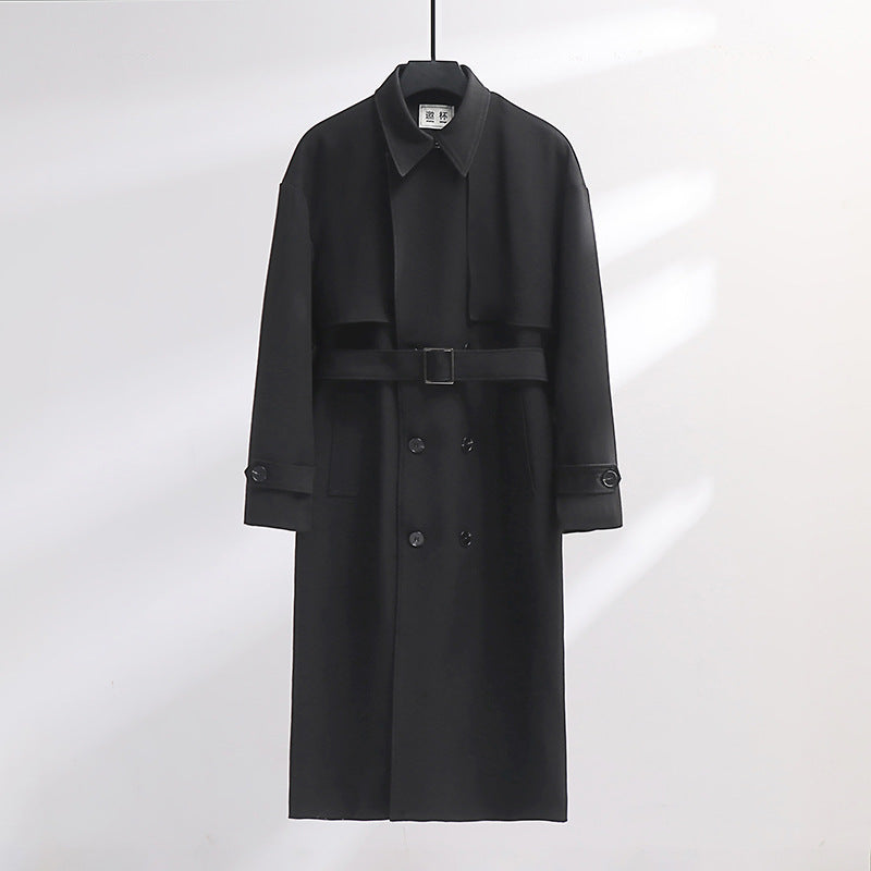 Men's Long Double-Breasted Trench Coat with Waist Belt and Oversized Shawl Collar Chichicherry
