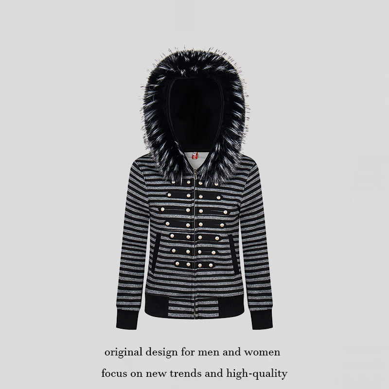 Women’s Hooded Sweat Jacket with Faux Fur Trim and Military Decorative Button Placket Chichicherry