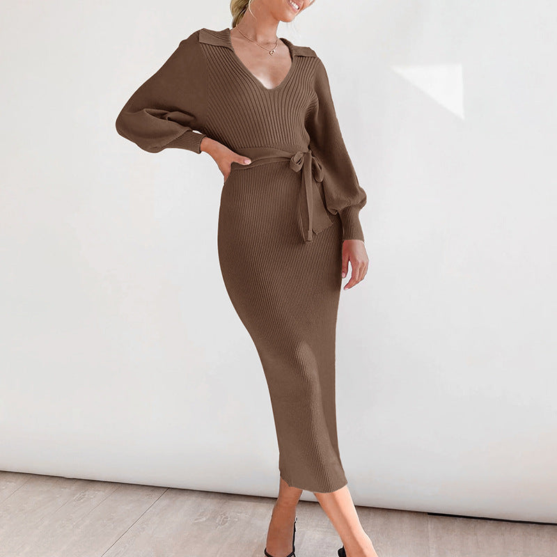 Women's midi dress made of ribbed knit with V-neck, shirt collar, balloon sleeves & tie belt Chichicherry