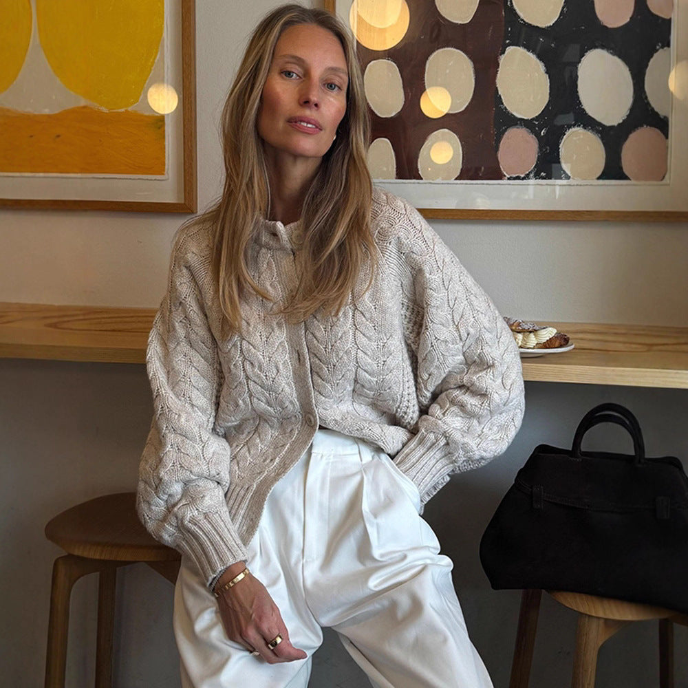 Women Chunky Knit Cable Pattern Cardigan with Balloon Sleeves Chichicherry