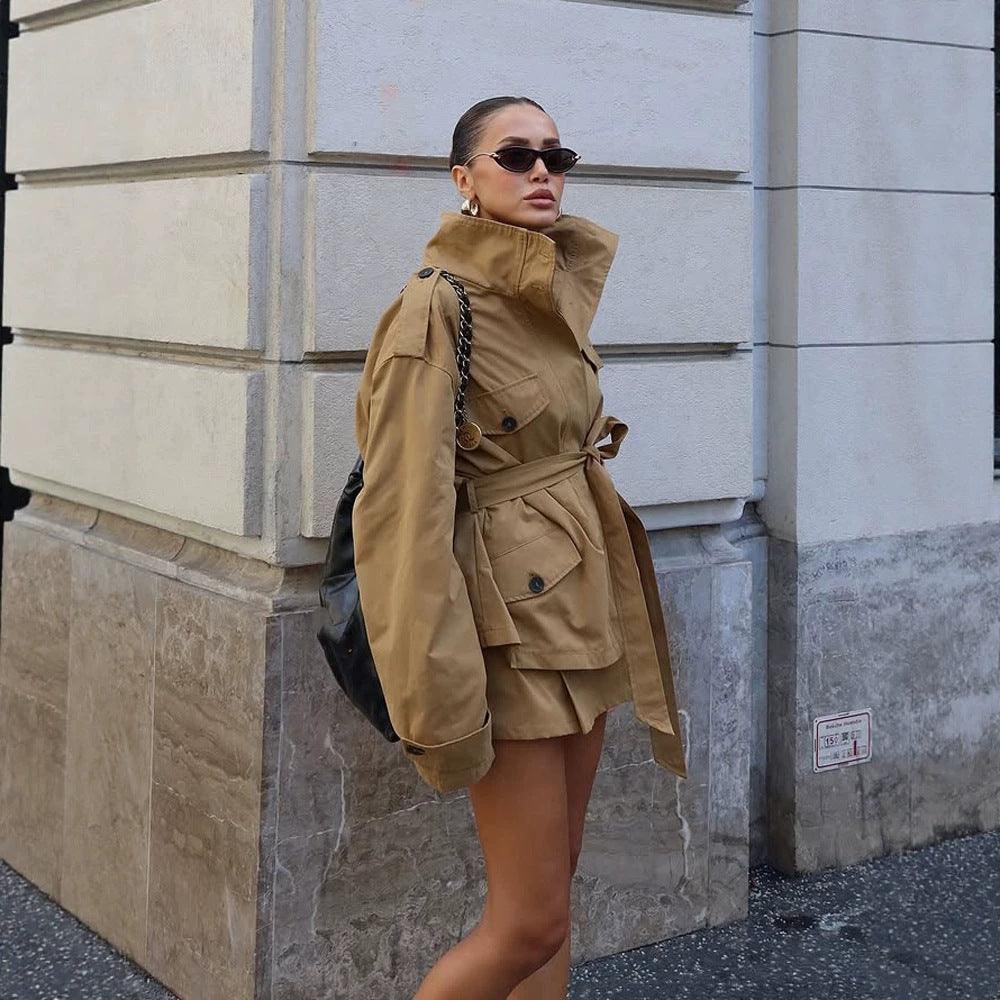 Women's Tailored Utility Jacket with Tie Belt, High Stand Collar and Flap Pockets Chichicherry