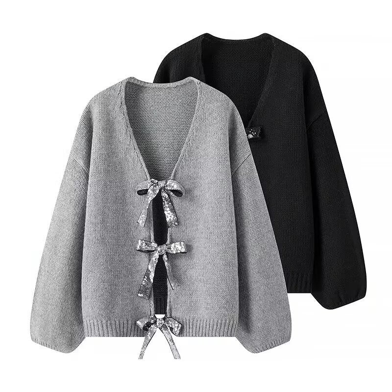 Women's knitted cardigan with V-neck and triple sequin bows Chichicherry