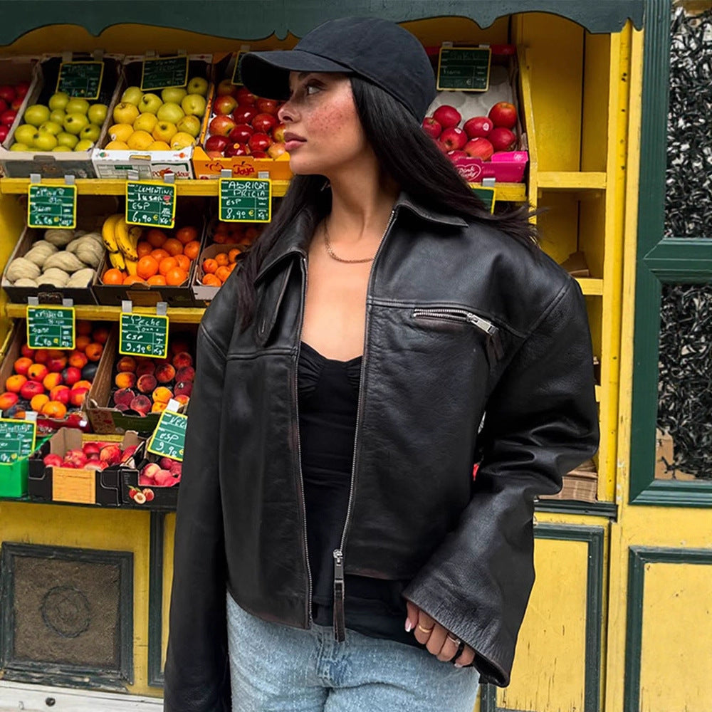 Women Boxy Faux Leather Jacket with Double Zipper and Chest Zippers Chichicherry