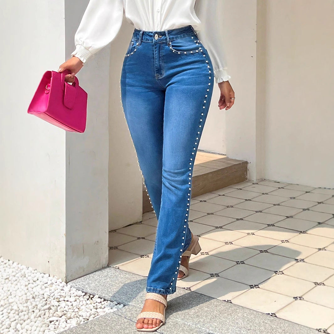 Ladies high-waisted slim jeans with pearl details on pockets and side seams Chichicherry