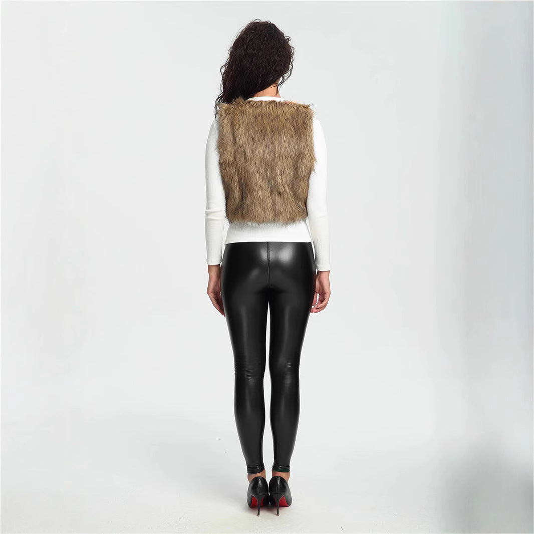 Women's Cropped Faux Fur Vest with Natural Shaggy Texture and V-Neck Chichicherry