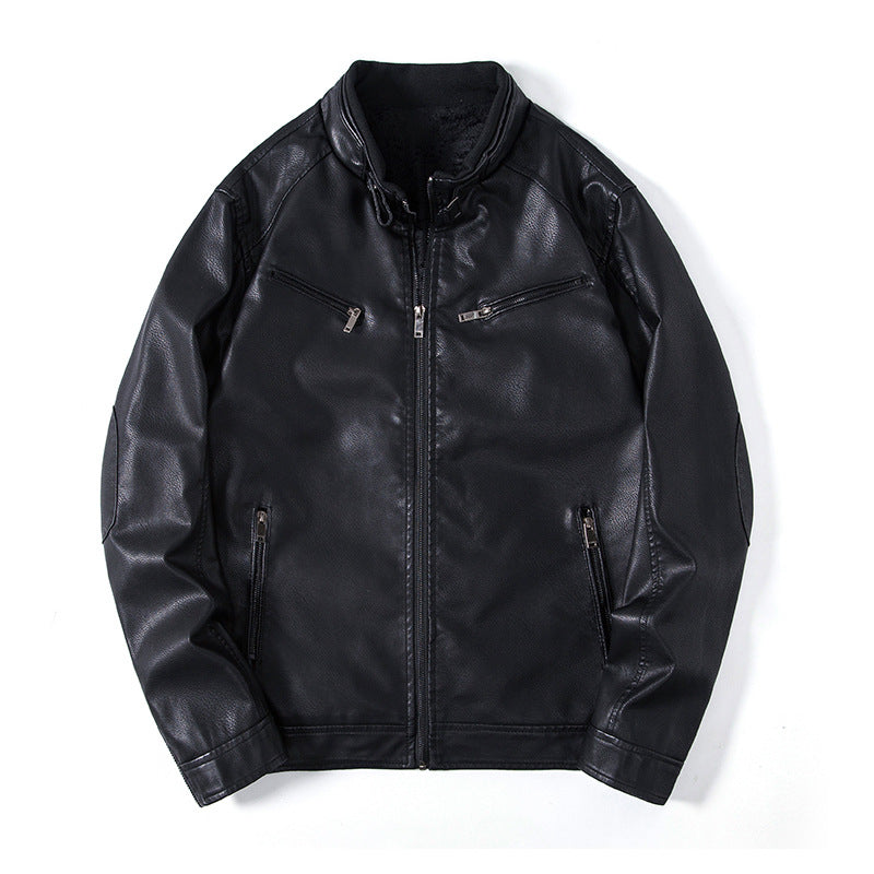 Men's Elegant Faux Leather Blouson Jacket with Stand-Up Collar, Zipper Pockets and Thermal Lining Chichicherry