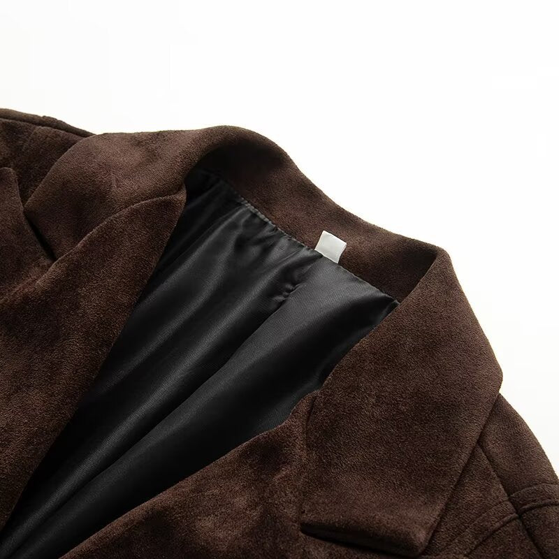 Women's Tailored Suede Blazer with Notched Collar and Flap Pockets Chichicherry