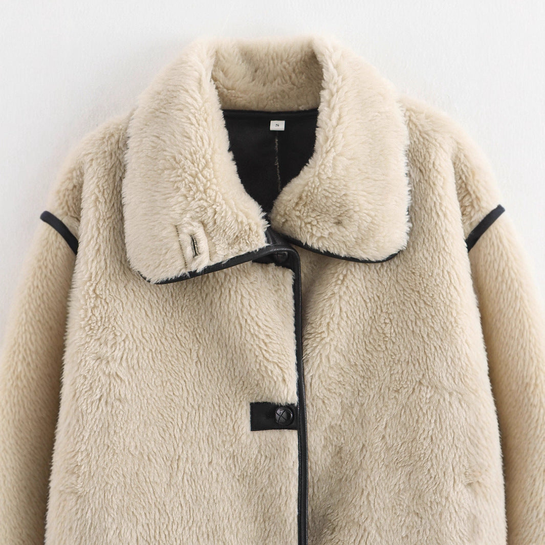 Women Short Cut Faux Fur Field Coat with Oversized Shawl Collar and Contrasting Piping Chichicherry