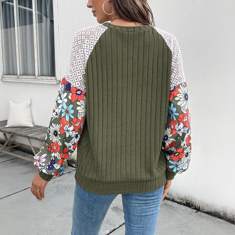 Women's Ribbed Sweater with Crochet Shoulder Inserts and Floral Balloon Sleeves Chichicherry